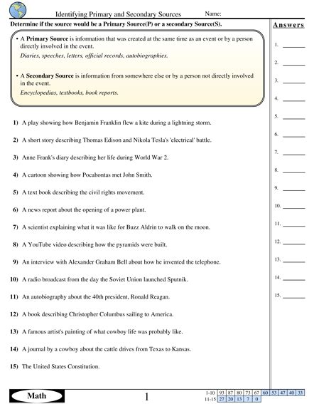 primary and secondary sources worksheet grade 6